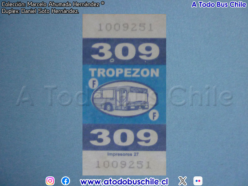 Boleto Adulto Línea N° 309 Pudahuel - Los Trapenses (Inmobiliaria Tropezón S.A.)
