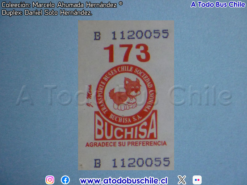 Boleto Adulto Línea N° 173 Estación Central - Zapadores (Transportes BUCHISA)